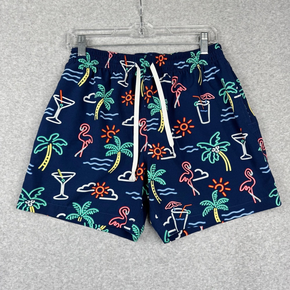 Chubbies Swim Trunks Mens Medium Navy Blue Good Neon Flamingo Palm Tree 5.5"